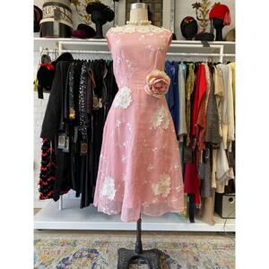 Vintage style pink organza dress applique daisies easter spring wedding s/m 28